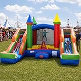 Rainbow Themed Inflatable Bounce House and Double Slide Combo Unit | 16' Long x 15' Wide | Crossover Wet/Dry Bouncer & Dual Lane Slides | Includes Blower, Stakes, & Storage Bag